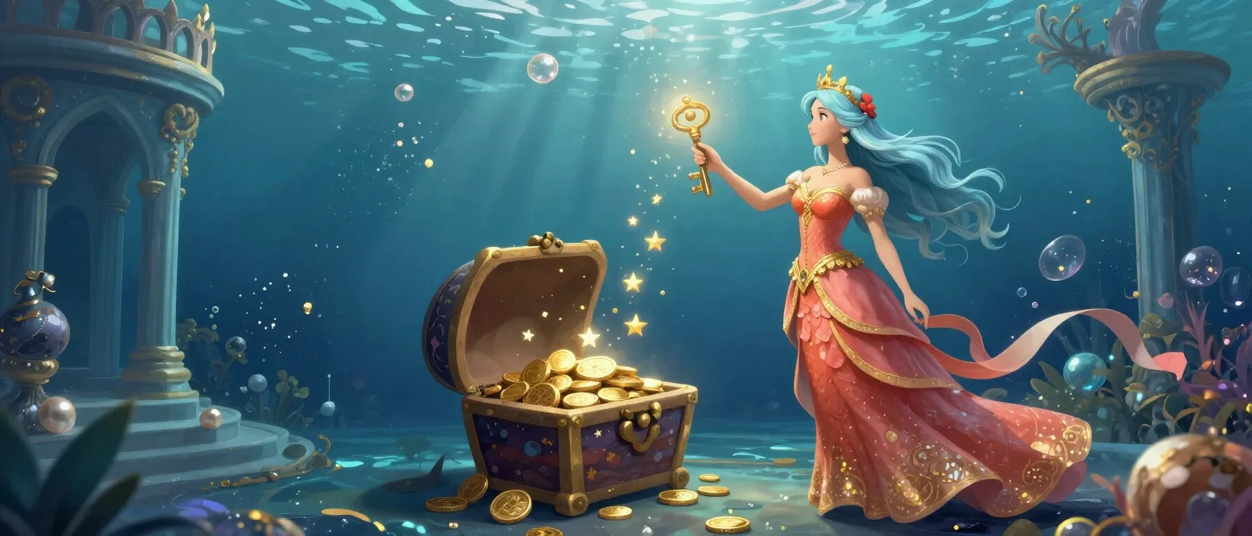 A treasure chest and coins for Aloha Slots Casino