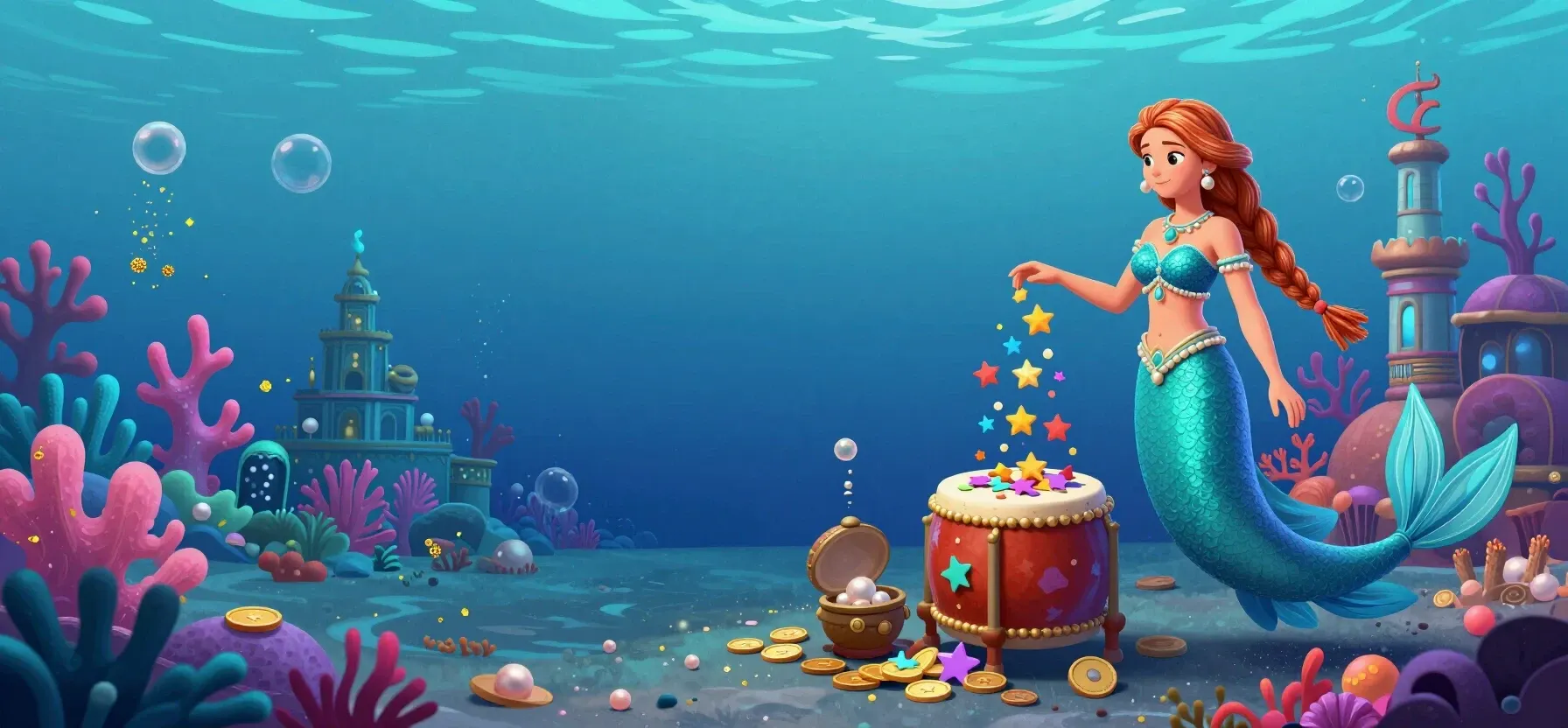 Aloha Slots Casino free spins shown as colourful tokens beside a treasure chest