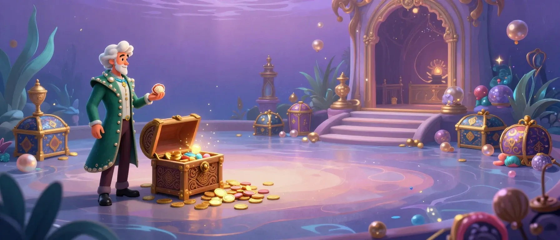 Aloha Slots Casino VIP rewards shown as a fantasy treasure chest and glowing tokens