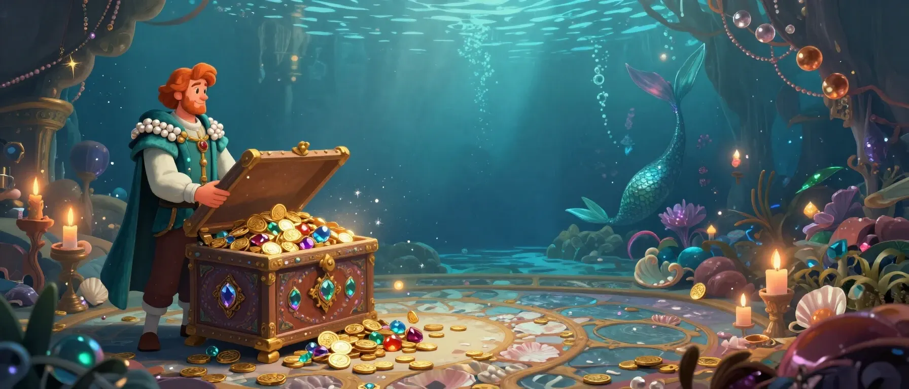Aloha Slots Casino welcome bonus shown as a treasure chest overflowing with coins and gems.